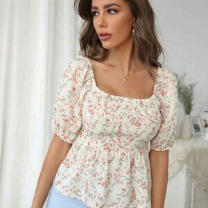 Shein Ditsy Floral Puff-Sleeve Shirred Peplum Top | White & Rust | Size M NWOT